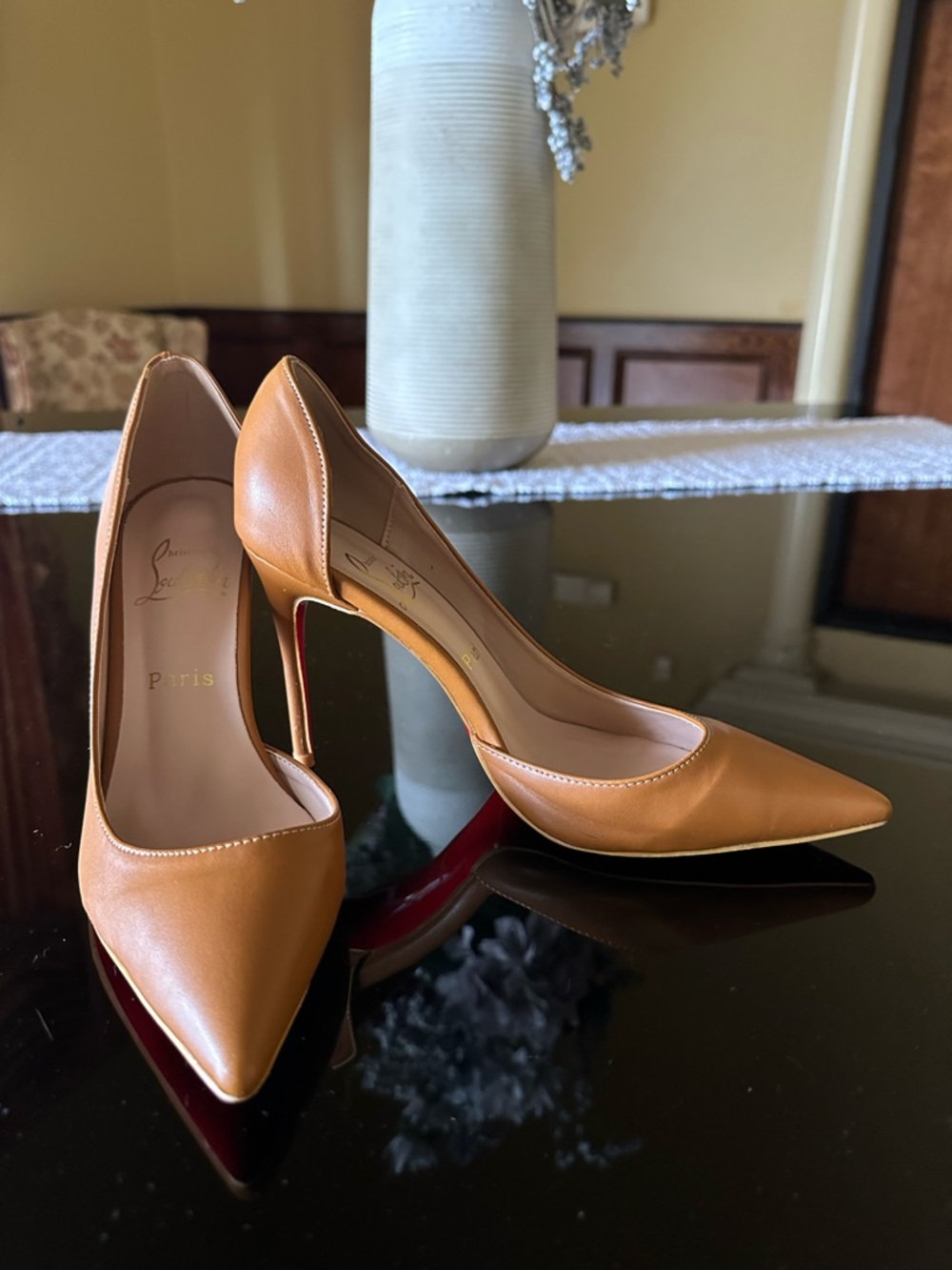 Christian Louboutin Iriza 100 mm Tan Leather Pointed Toe Stiletto Pumps